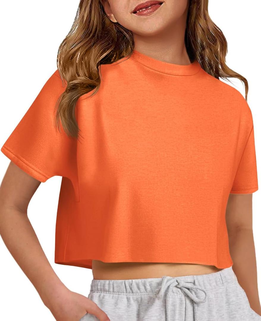 ZDC Girls Athletic Oversized Crop Tops Kids Drop Shoulder Short Sleeve T Shirts Workout Tees 9-10 Years Orange