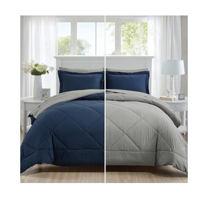 Queen Comforter Set 7 Pieces Bed in a Bag, Full/Queen Reversible Bed Set with Comforter, Flat Sheet, Fitted Sheet, Pillowcases & Shams, Navy Blue and Grey Bedding Sets for Queen Size Bed