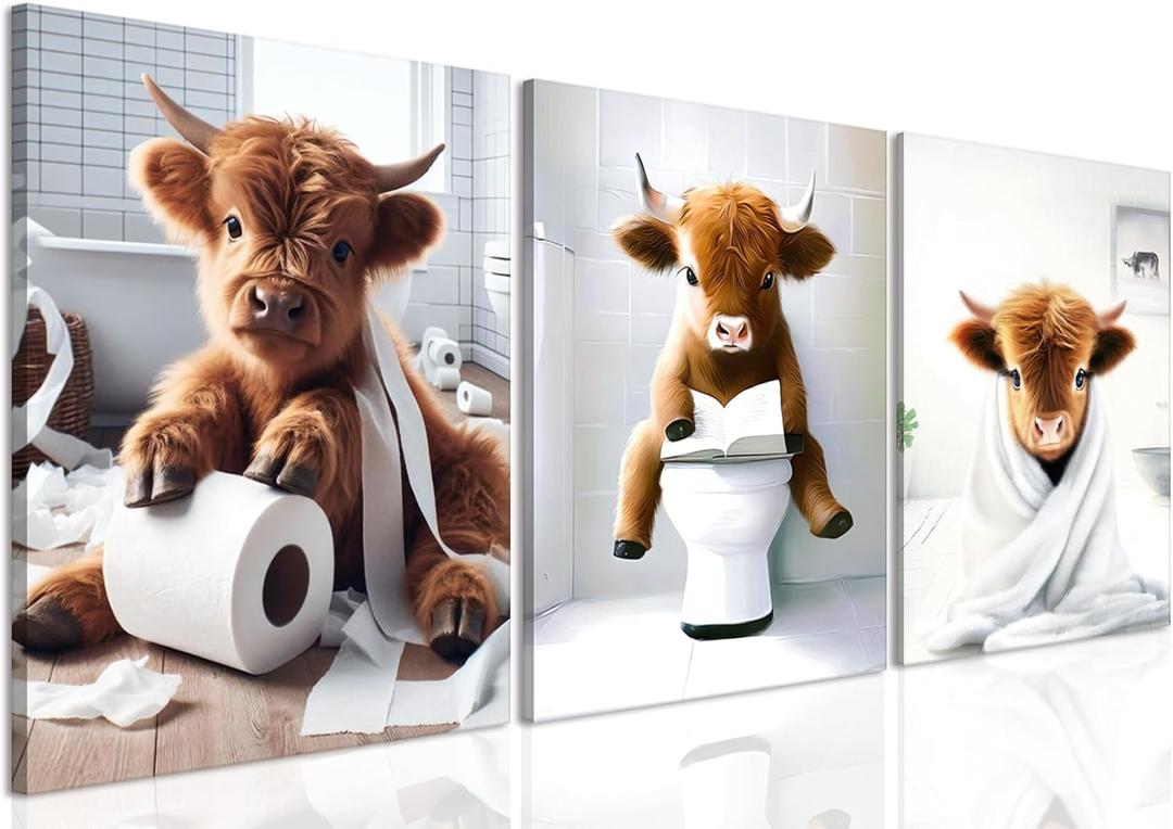 Framed Funny Highland Cow Canvas Wall Art Set of 3, Cute Bathroom Animal Wall Decor Paintings, Rustic Cow Pictures Prints Farmhouse Home Decor for Restroom Toilet 16x24 inch
