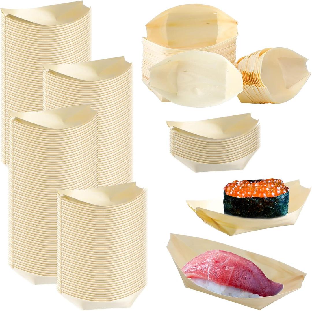 600 Pcs Disposable Bamboo Plates - Sushi Boat Bowls and Cutlery with Bamboo Leaf Boat Serving Tray for Party Catering and Home Use, 5.3 x 3 Inch