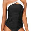 Tempt Me Two Piece Tankini Bathing Suits for Women One Shoulder Swim Top with Bottom Swimsuits (Large, White Black 1)