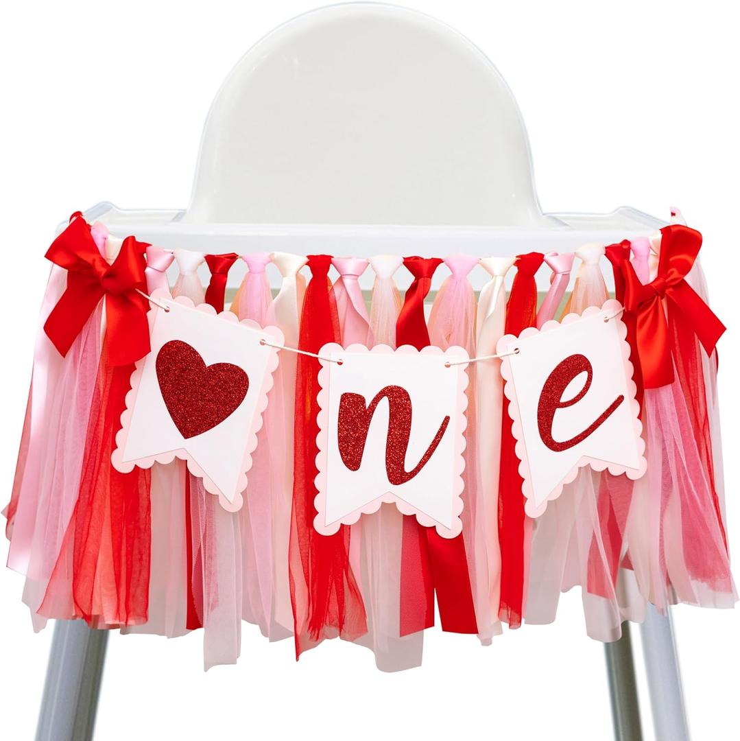 Valentine's Day One High Chair Banner - Valentine's Day Themed First Birthday Party Decoration Supplies Banner, Sweet 1st Birthday Party Banner, Sweetheart Sign Anniversary Milestone Celebration Highchair Banner