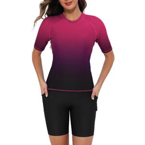 Tournesol Women's Two Piece Rash Guard Short Sleeve Swim Shirts UPF 50+ Built in Bra Swimsuit with Boyshorts with Pockets, S