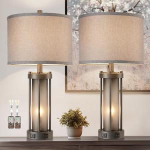 RORIA Set of 2 Rustic Table Lamps for Living Room with 2 USB Ports, Vintage Bedside Lamps with Gray Frosted Glass Night Light for Bedroom Desk Lamps for Entryway, 4 Bulbs Included, Gray