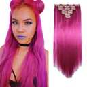 iLUU 22" 100g Straight Synthetic Hairpiece #8D Shocking Pink Color Hair Extension Clip in 7Pcs Full Head 16 Clips ins on Hair Extensions Hairpieces Wig for Women Party Cosplay