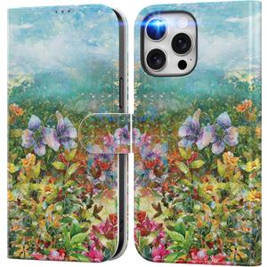 DEENAKIN for iPhone 14 Pro Wallet Case with Card Holder + Cash Clip, RFID-Blocking, Military-Grade Drop Protection & UV-Printed Artwork, Magnetic Closure with Leather Stand - Vivid Flowers Painting