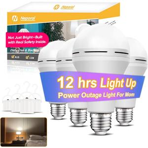 Neporal LITE Emergency Rechargeable Light Bulbs A19, Light Up to 48 hrs, Battery Operated Light Bulb, 5000K E26 LED Bulb, Emergency Lights for Home Power Failure (Daylight-4PK, 15, Watts)