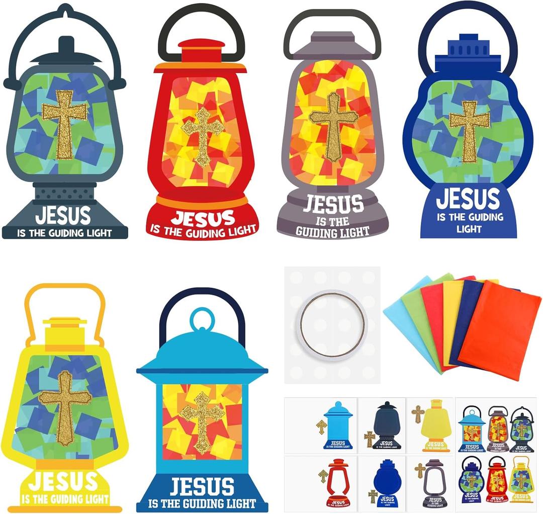 30 Sets Christian Sunday School Craft for Kid Jesus Lights The Way Tissue Sign Craft Bible Verse Sticker DIY Oil Lamp Tissue Paper Religious Gift for Camping VBS Church Activity