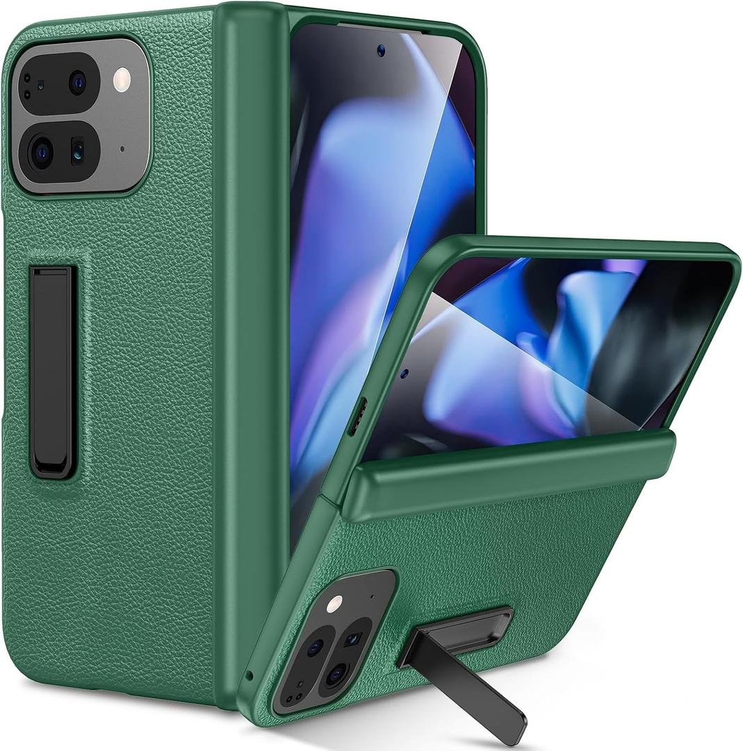 Ruky for Google Pixel 9 Pro Fold Case with Kickstand, Full Body PU Leather Protective Case with Built-in Screen Protector & Hinge Protection, Green