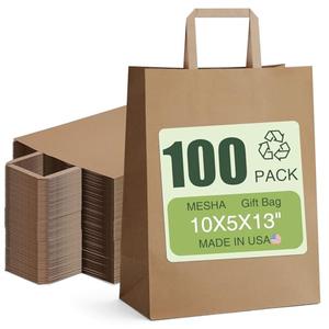 MESHA 10x5x13 Inch Brown Paper Grocery Bags with Handle, Large Kraft Shopping Paper Gift Bags Bulk, Gift Bag Retail Recycled Birthday Wedding Party Favors 100 Pack (Made In USA)
