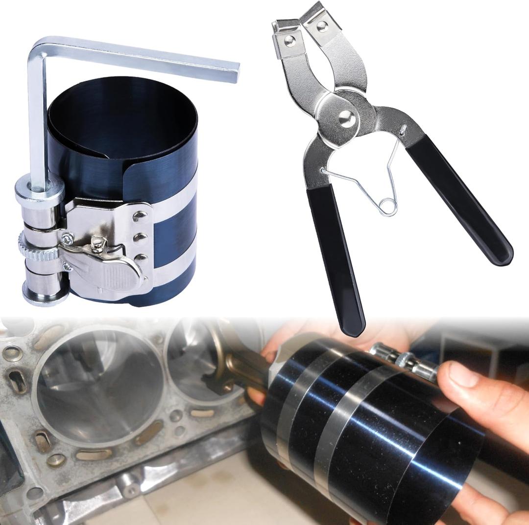 Piston Ring Compressor Tool, Car Engine Piston Ring Installer Removal Kit, Adjustable Compression Range 2"-6.9" Diameter (53mm - 175mm), Compressor Tool with Pistons Rings Pliers