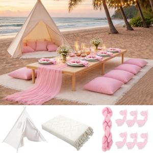 71x87'' Huge Teepee Tent with 91x71'' Extra Large Outdoor Boho Picnic Blanket Table Runner 6 Napkins Woven Cotton Yarn Oversized Beach Blanket Camp Wedding(Pink, White)