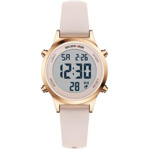 GOLDEN HOUR Waterproof Women's Digital Sports Watches with Silicone Strap, Alarm Calendar Stopwatch Chronograph 32mm Rose Gold Case