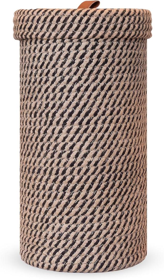 Handmade Cotton & Jute Toilet Paper Holder  Woven Toilet Paper Stand & Storage Basket with Lid, Freestanding Organizer for Bathroom, Fits 3 Mega Rolls 14" x 7'' (Black)