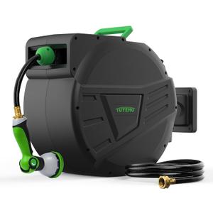 Tuyeho Retractable Garden Hose Reel 100FT, Wall Mount Heavy Duty Water Hose Reels with Automatic Slow Rewind System, Outdoor Hoses Reel with 2 Hose Nozzles for Garden Watering, Car Wash, Pet Shower