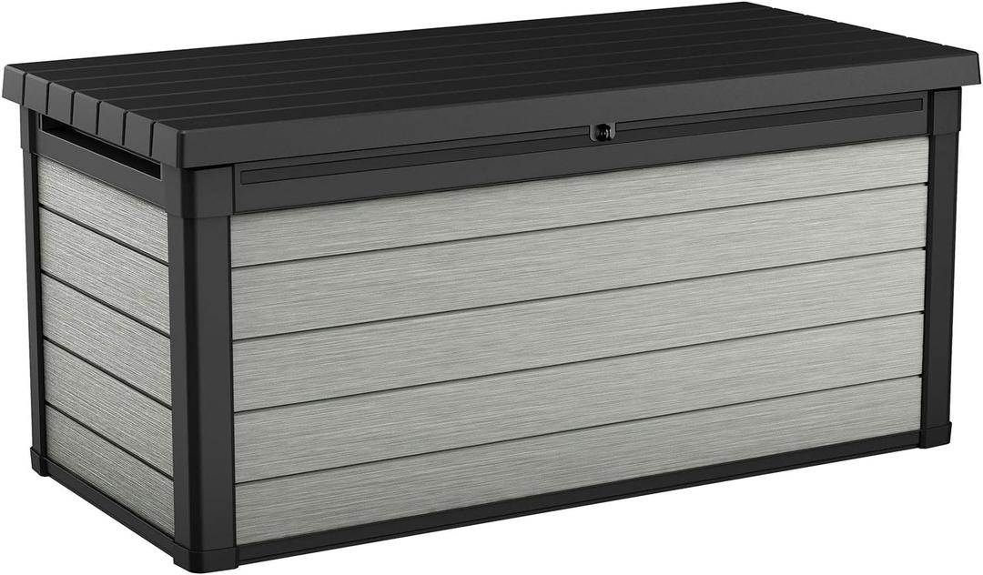 Keter Denali 150 Gallon Resin Large Deck Box with Double Wall 20mm Panels - Paintable and Drillable-Organization and Storage for Patio Furniture and Outdoor Items, Grey & Black