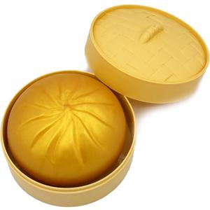 Golden Dumpling Toy with Steamer Case, Funny Squeeze Dough Stress Ball, Realistic Steamed Bun Squeezing Toy for Fidget Sensory Anxiety Relief Calming Travel Accessory Gift