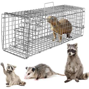 KOCASO Large Live Animal Trap Cage, Foldable Heavy Duty Humane Rat Trap for Indoor and Outdoor, Metal Mouse Trap Foxes Armadillos Cats, Rabbits, Raccoons, Skunks, Possums/Catch and Release, Sliver