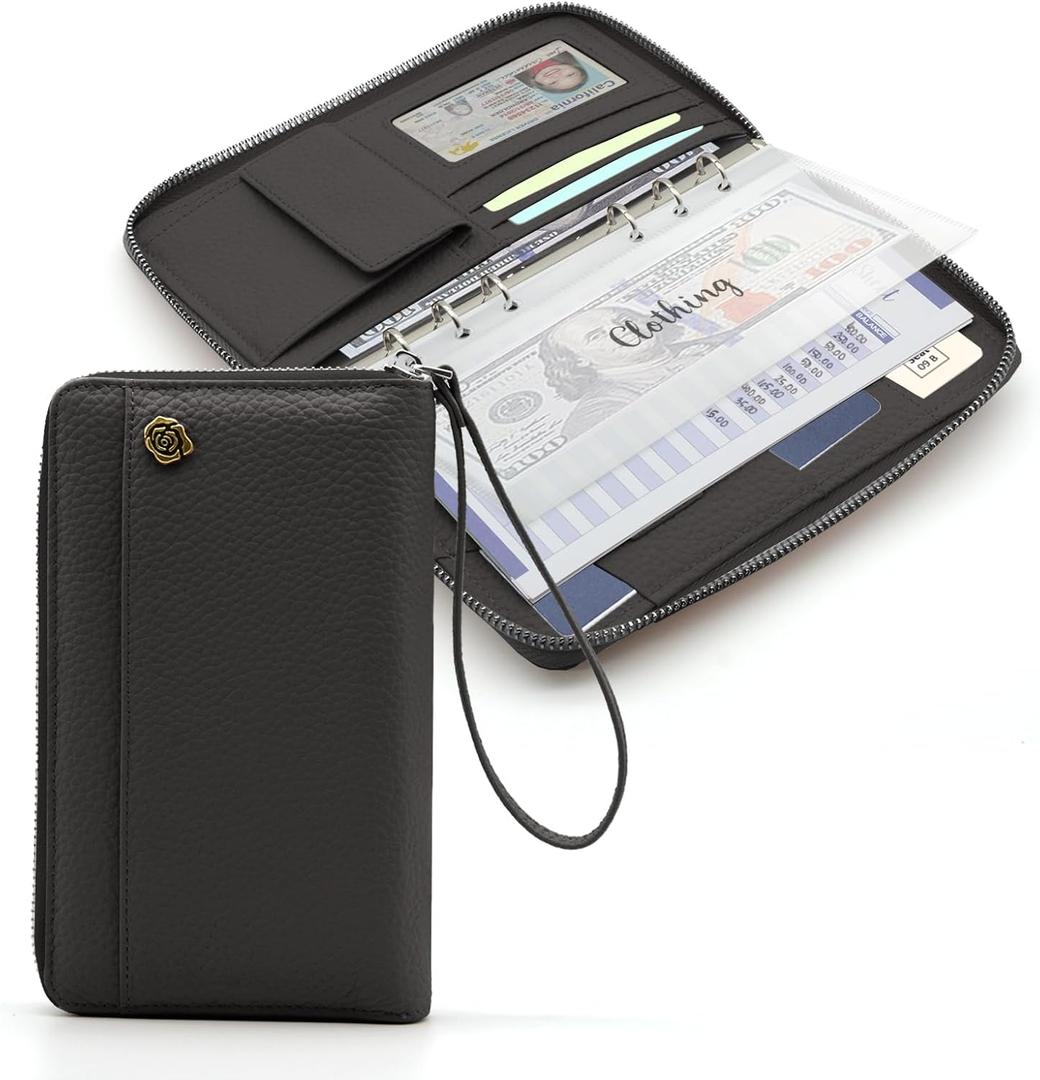 A6 Binder Cash Envelope System Wallet, Money Saving Budget Planner Notebook, 6 Rings Refillable Compact Cash Stuffing Binder, RFID Zipper Planner with Genuine Leather Cover (Black)