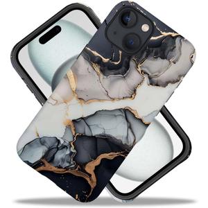 Case Compatible with iPhone 15(6.1 in),Black Gold Marble Hybrid 2-Layer Hard Shell+Silicone Scratch-Resistant Shockproof Protective Case for iPhone 15