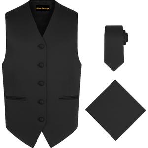 Oliver George 3pc Men's Solid Formal Suit Vest Waistcoat Tuxedo Dress Vest Necktie Handkerchief Set For Suit or Tuxedo M 