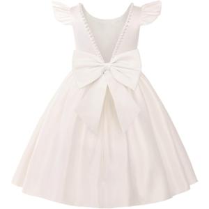 Uhnice Flower Girl Satin Dress with Pearls Flutter Sleeves V Back Gown with Removable Bow for Wedding Birthday Party (2-3T)
