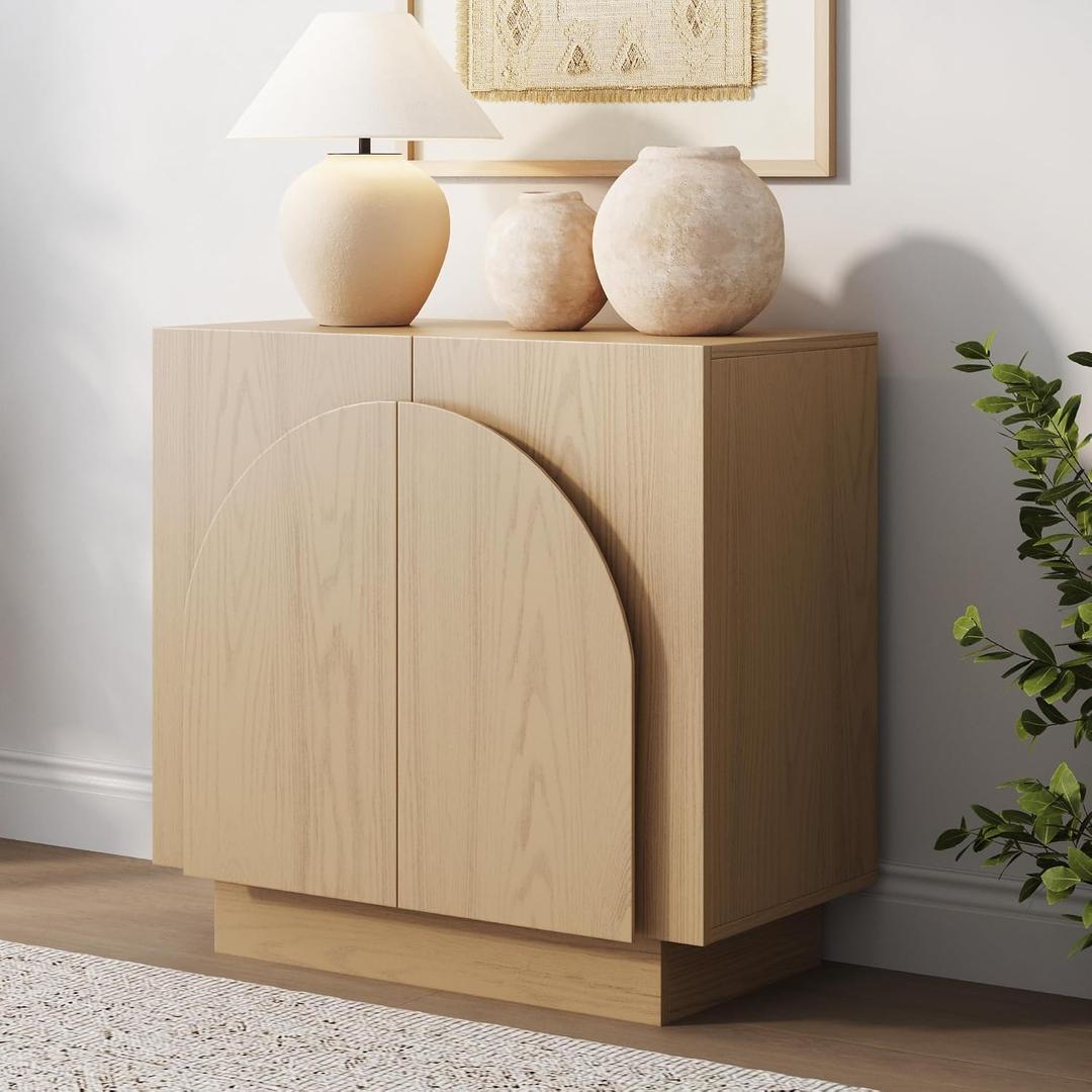 Nathan James Iris Mid-Century Modern Credenza, Light Brown Sideboard Buffet, Living Room Wood Storage Cabinet with Arched Cabinet Doors, White Oak