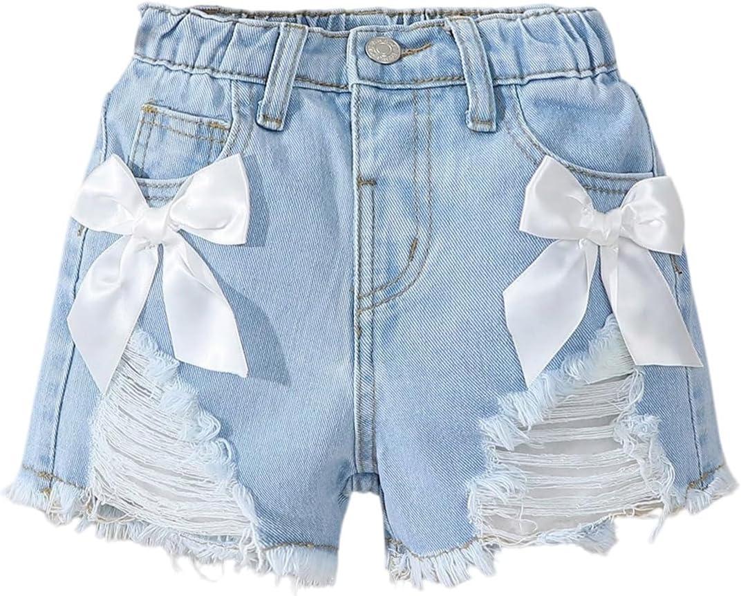 Verdusa Toddler Girl's Jeans Shorts Cute Coquette Bowknot Ripped Distressed Denim Shorts, No Size