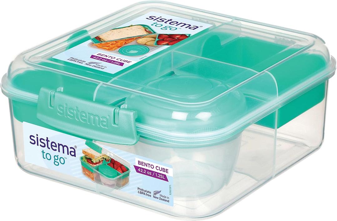 Sistema To Go Collection Bento Box Cube Plastic Lunch and Food Storage Container, 5.3 Cup, Multi-Compartment, Color Varies, BPA Free (42 oz./1.25L)