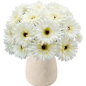 20 Pcs Fake Silk Gerbera Daisy Artificial Flowers with Stems Faux Daisies Flower Bulk for DIY Art Crafts Home Wedding Party Vase Centerpieces Tables Garland Wreath Decoration (White)