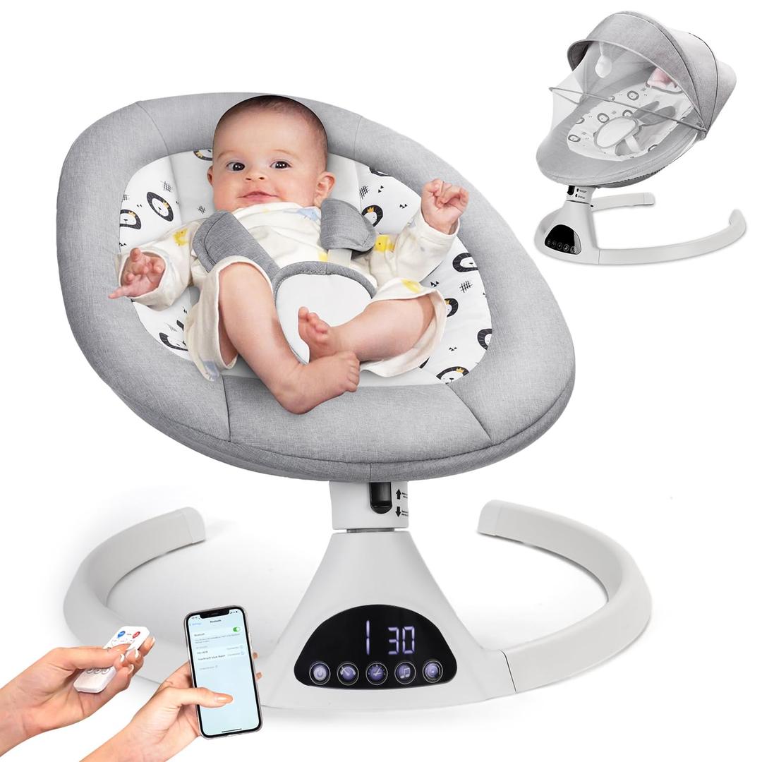 Electric Baby Swing for Infants to Toddler Portable Babies Swing Timing Function 5 Swing Speeds Bluetooth Touch Screen Music Speaker with 10 Preset Lullabies 5-Point Carabiner Gray 