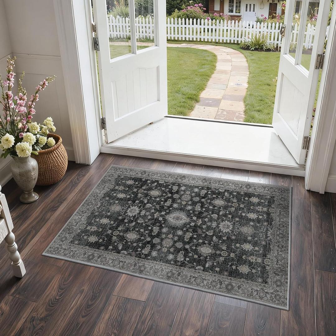 GENIMO Entryway Rug Floral Rug, 2x3 Washable Door Mat Non Slip, Thin Floor Rugs for Entryway Hallway Bathroom Laundry Room Corridor, Charcoal