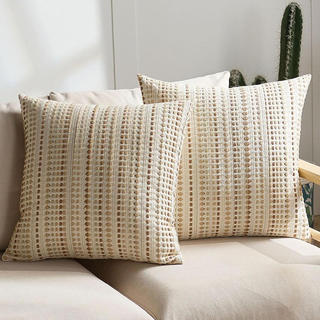 Boho Throw Pillow Covers 18x18 Inch Set of 2 Striped Chenille Farmhouse Decorative Cushion Covers for Sofa Couch Bed Living Room Farmhouse Decor (Beige, 18" x 18" (Pack of 2)) (18" x 18" (Pack of 2), Beige)