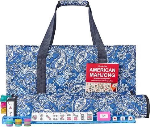 GUSTARIA American Mahjong Game Set, 166 Quality White Tiles, 4 All-in-One Color Rack/Pushers, Mahjong Tile Set with Light Blue Printed Carrying Bag