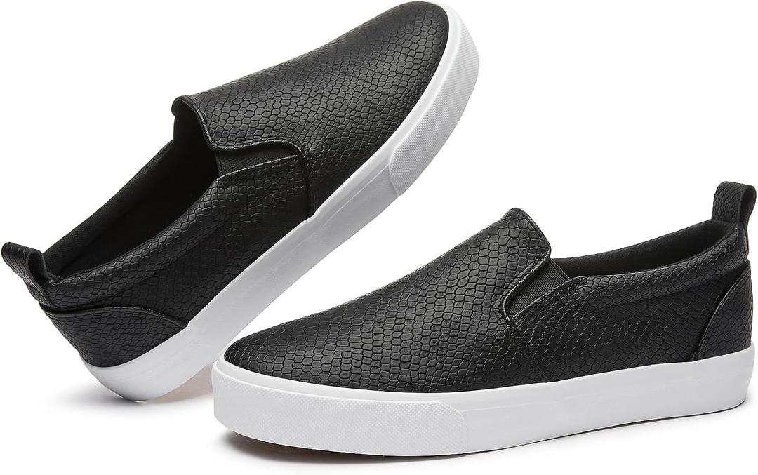 TUOPIN Womens Synthetic Leather Slip On Shoes,Padded Collar Slip on Sneakers for Women,Casual Loafers Walking Shoes(Black.US10)