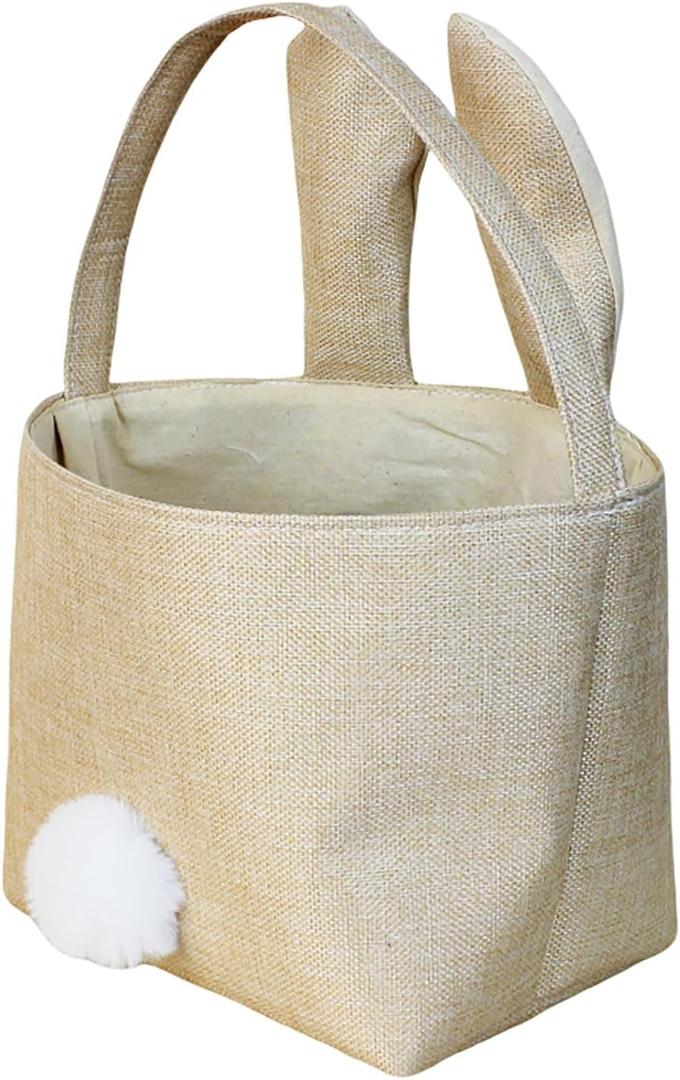Easter Bunny Rabbit Tote Bag, Cute Bunny Basket, Linen-Look Fabric Carry Bag for Candy Storage and Clothes Organizing
