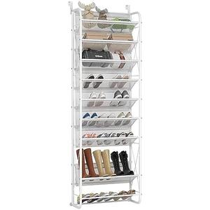 JSB 10 Tier Shoe Rack Mesh Fabric Over The Door Shoe Organizer X-Structure Trouser Hangers Closet Pantry Hanging Shoe Clothes Toys Storage Shelves (Matte White, 10 Tier)