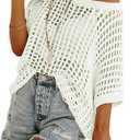 White Crochet Tops for Women Short Sleeve Off the Shoulder Sweater Top Crochet Swimsuit Coverup for Beach Vacation Outfits XL