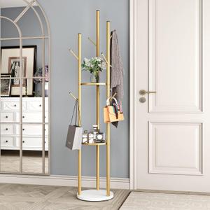 DOORXIFO Metal Gold Coat Racks Freestanding, Coat Hanger Stand, Hall Tree Rack for Hanging Hats, Scarves, Bags, Modern Coat Rack with Double Shelves, Corner Coat Rack, 9 Hooks, Gold