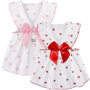 2 Pack Dog Dress Clothes for Small Dogs Girl with Leash Ring&Bows Puppy Cat Clothes Heart Print Cat Dog Outfit Dresses Ruffled Summer Pet Apparel Holiday Birthday Small (Medium, Pink+Red)