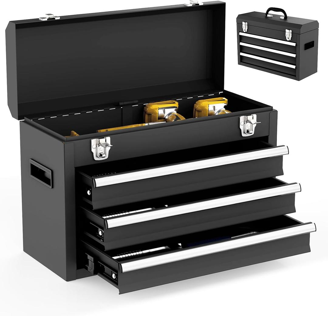 Gornoxblif 3 Drawer Metal Tool Box, Portable Metal Tool Box with EVC Liners and Latches Closure, Heavy Duty Steel Tool Chest with Ball Bearing Opening and Powder Coated Finish, Black