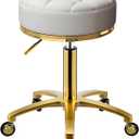 Gold Rolling Stool, Round Roller Swivel Chair, Pedicure Salon Spa Massage Chair with Wheels, PU Leather Seat Padded, Adjustable Vanity Stool 43-55 cm (White)(1 wheel missing)