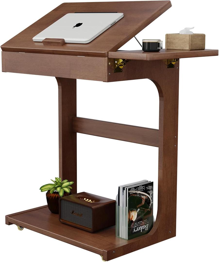 C-Shaped End Table, Solid Wood Rolling Side Table with Lockable Wheels, Couch Tables with Adjustable Desktop &Multi-functional Folding Tray, Small Side Table for Couch, Living Room, Bedroom Tall 30" (Walnut)