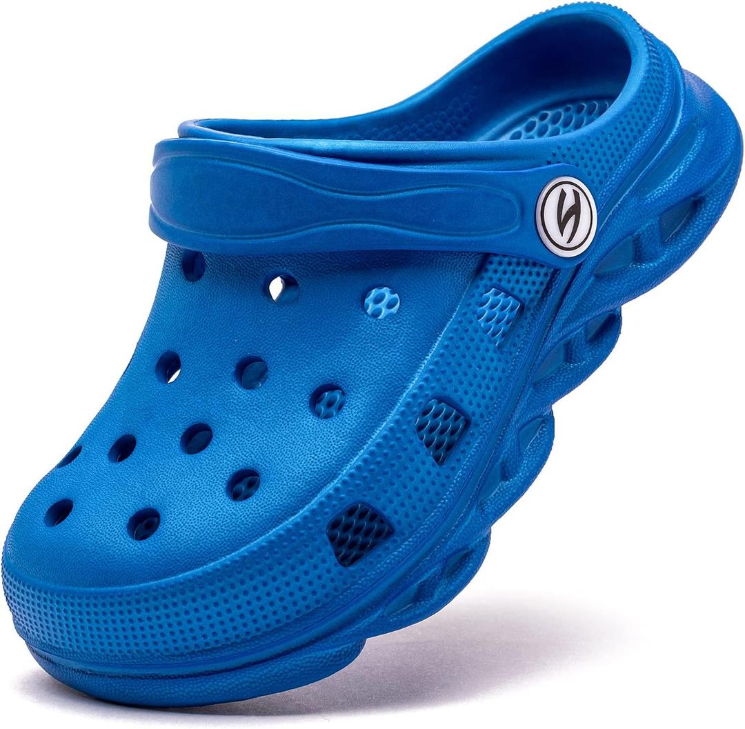 HOBIBEAR Boys and Girls Classic Graphic Garden Clogs Slip on Water Shoes(Toddler/Little Kids/Big Kids) 
(Blue-Size 4 Big Kid)
