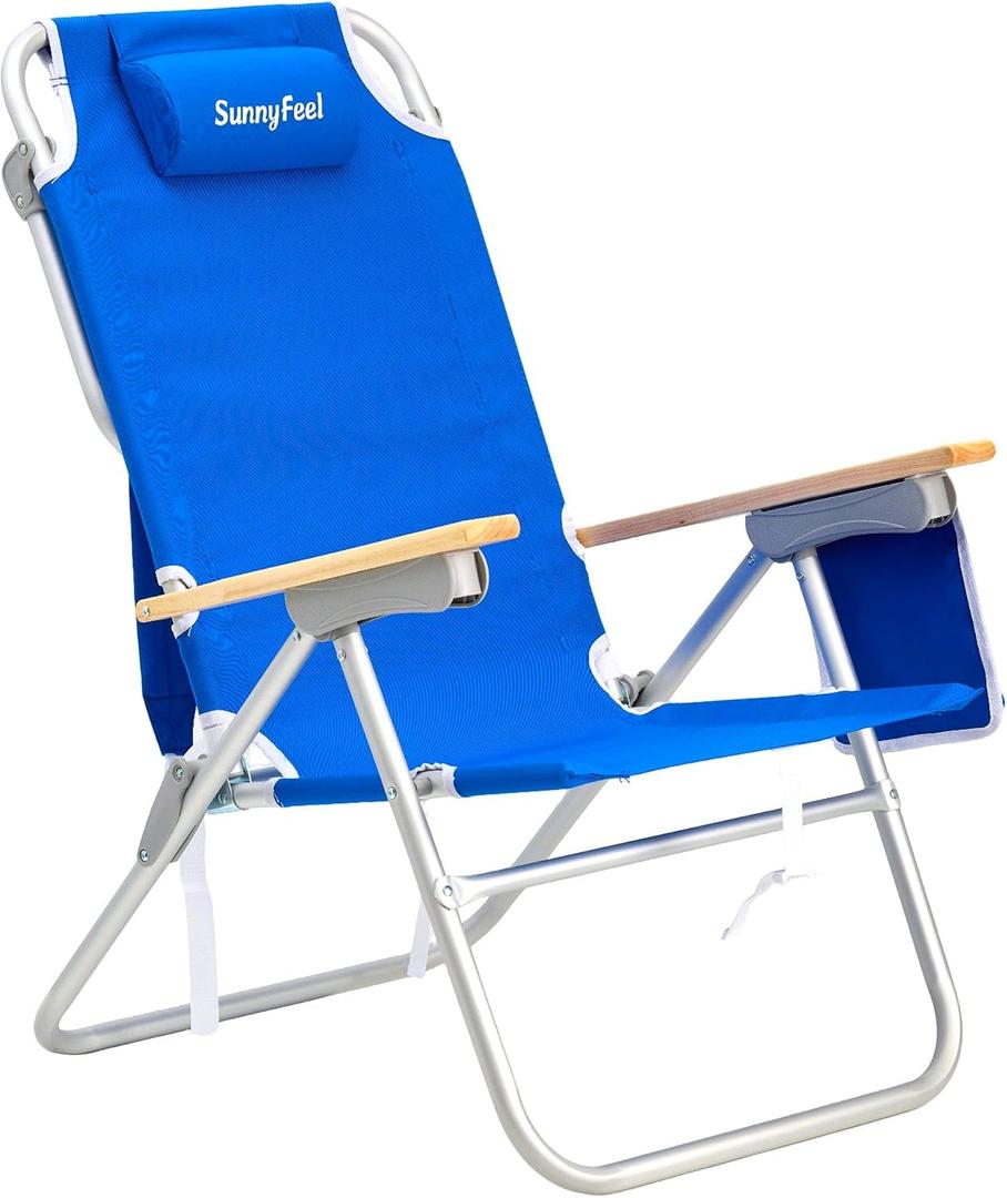 SUNNYFEEL Tall Beach Chair, Reclining Beach Chair with 5-Position, Portable Camping Chair for Adults with Wood Armrest, Lightweight Camping Chair 300 lbs Heavy Duty, Blue, Medium back
