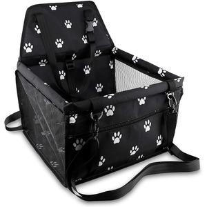 Petbobi Pet Reinforce Car Booster Seat for Dog Cat Portable and Breathable Bag with Seat Belt Dog Carrier Safety Stable for Travel Look Out,with Clip on Leash with PVC Tube, Black Paw Print