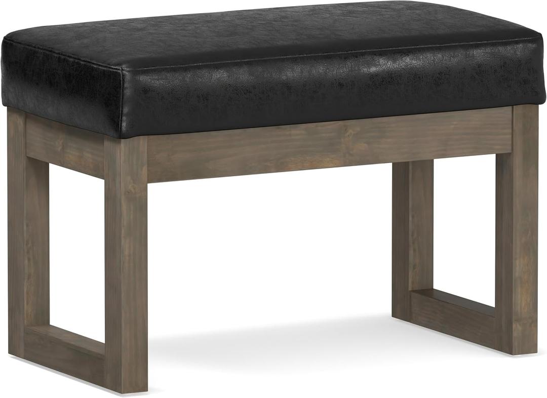 SIMPLIHOME Milltown Small Ottoman Bench - 27" Wide x 18" High Upholstered Vegan Leather Rectangle Footstool Ottoman in Distressed Black, Contemporary Bench for Bedroom with Cushioned Seat, Assembled, 14.4"D x 26.8"W x 25.2"H