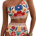 Herseas Women's High Waisted Bikini Sets One Shoulder Floral Print Swimsuits 2 piece Tummy Control Bathing Suits (S)