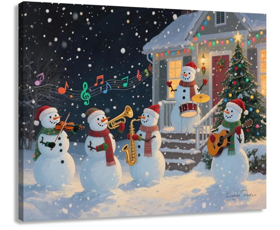 2 Pack Woxfcart Musical Snowman Christmas Wall Art Canvas Print, Winter Holiday Snow Scene with Snowmen Band, Home Decor, 15 x 12 inches
