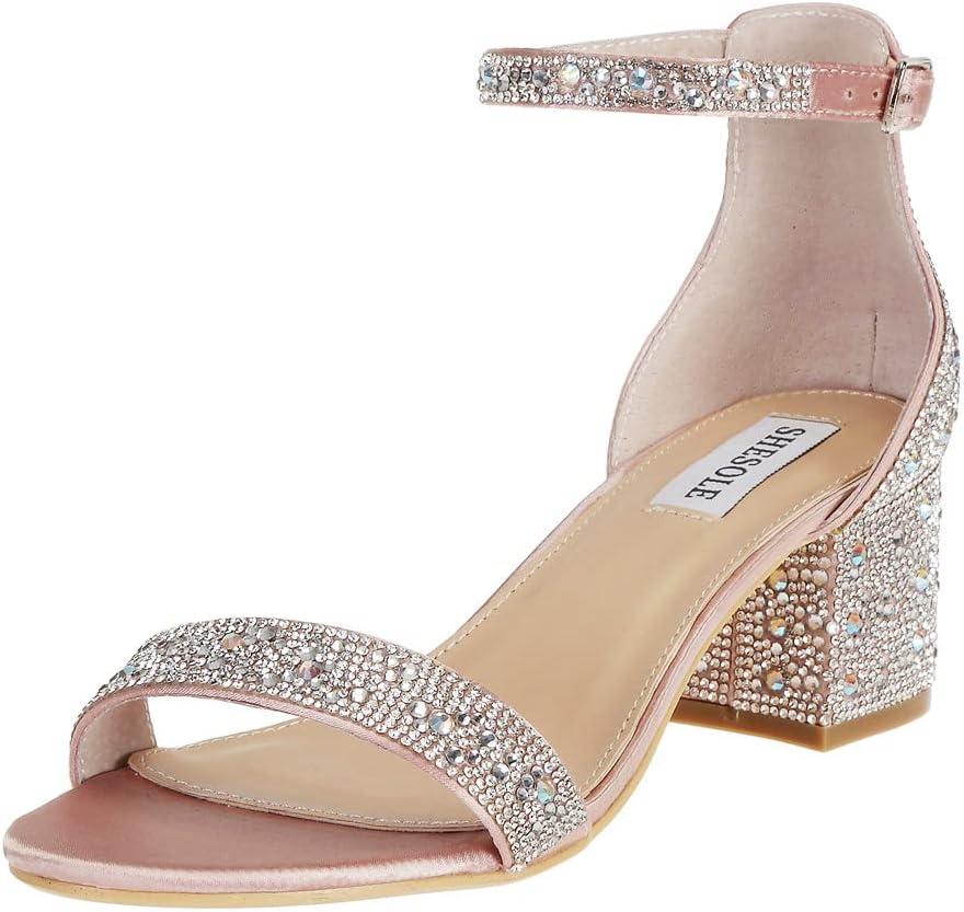 SheSole Women's Open Toe Strappy Low Block Heel Bling Rhinestone Sandals for Wedding Bride Dress Shoes (9, Champagne)